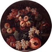 unknow artist A still life of peaches and plums in a glass bowl,grapes,a melon and a pomegranate oil on canvas